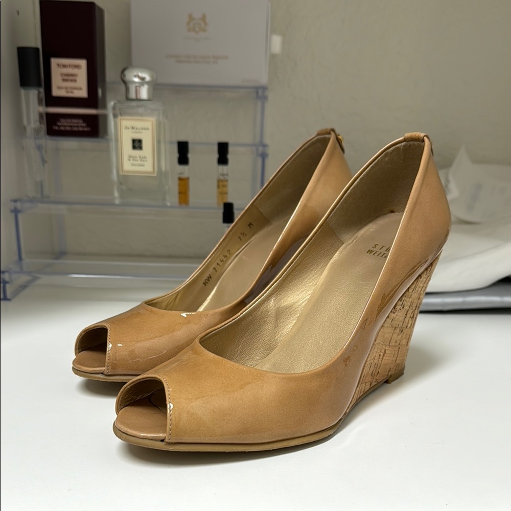 Stuart Weitzman Tan Peep-Toe Wedges